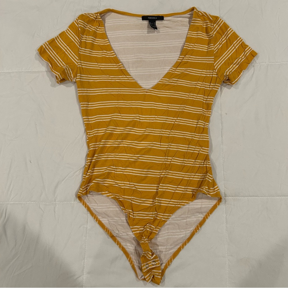 Forever 21 yellow and white striped v-neck bodysuit